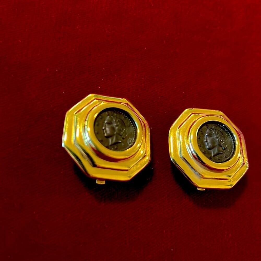 Gold Tone  Roman Coin Clip On Earrings